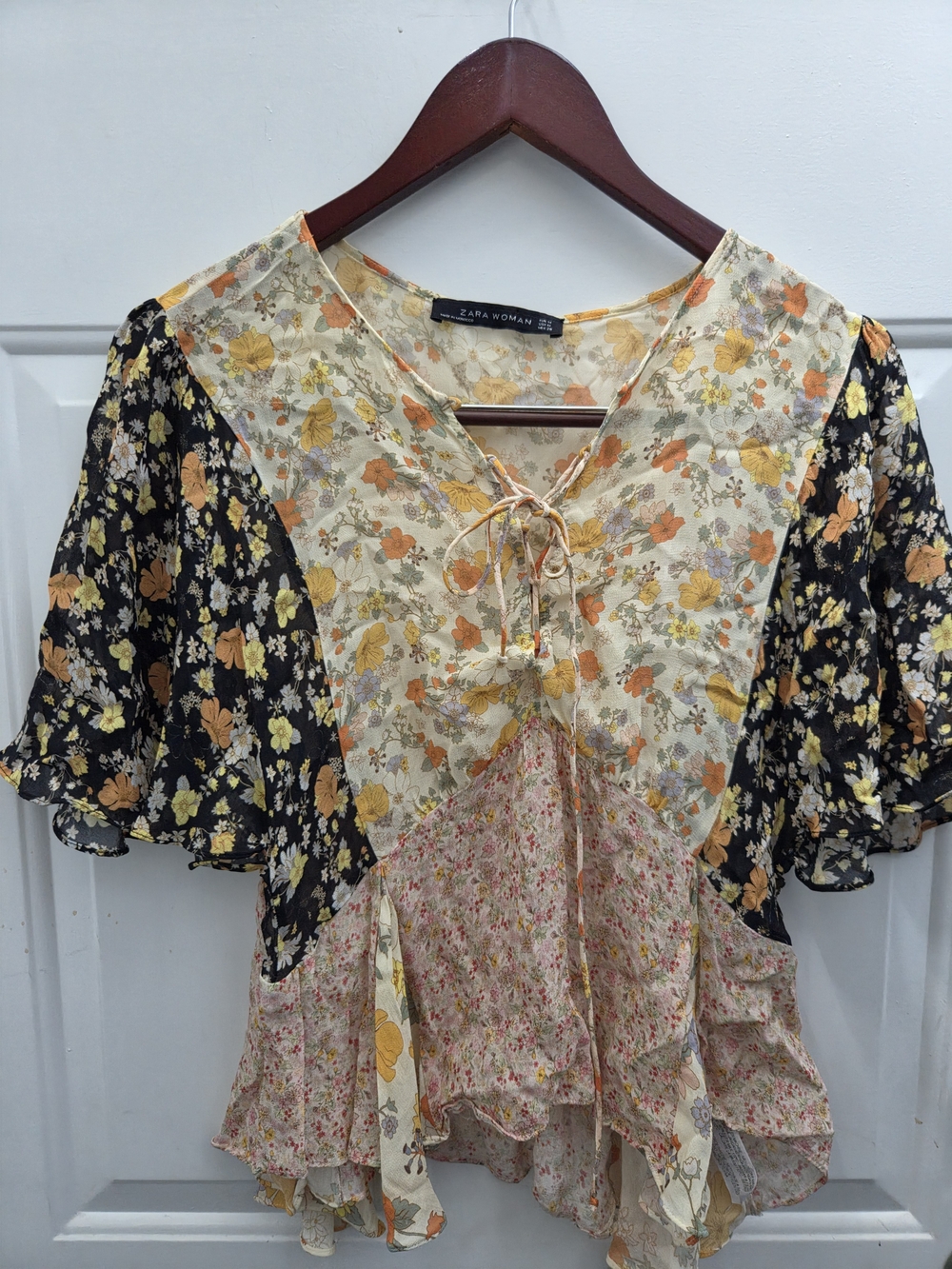 Zara Floral Patchwork Ruffle Sleeve Top in Multi-Color